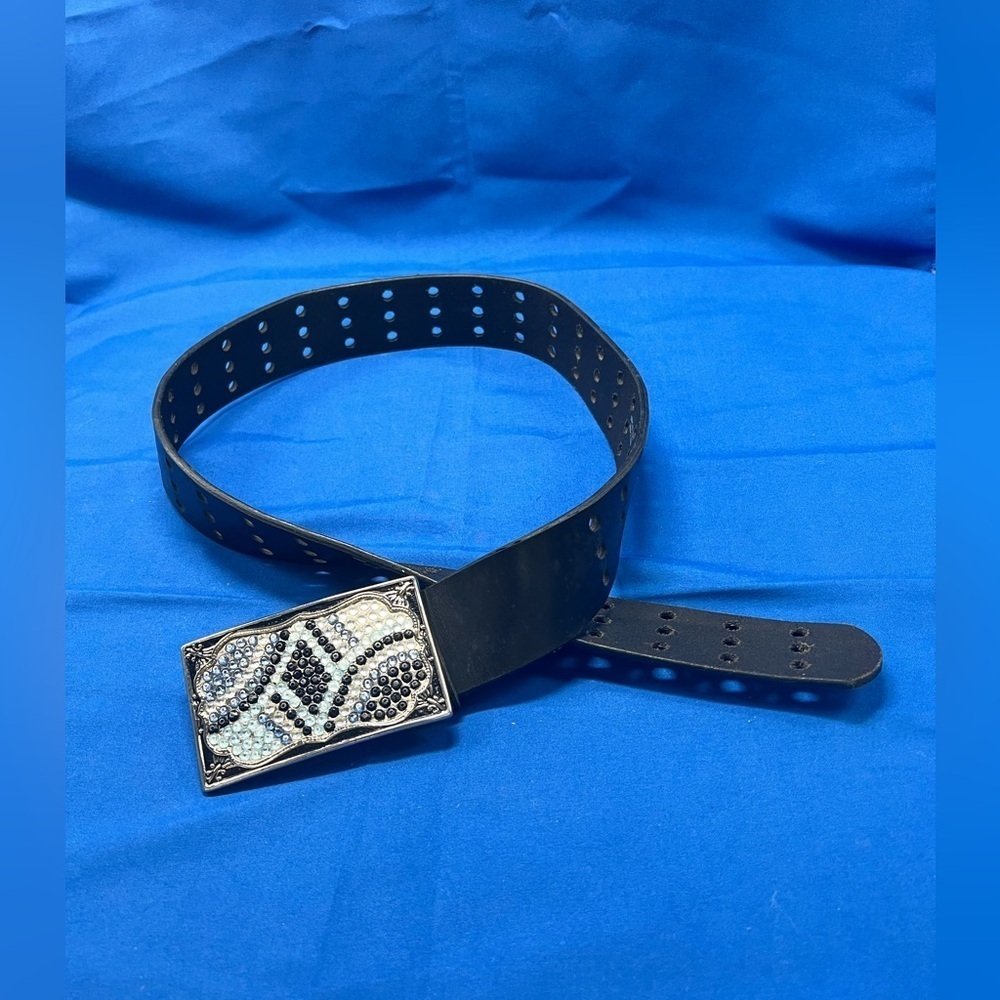 Black Belt Silver sparkly Toned Buckle Boho Western Coastal Cowgirl Med